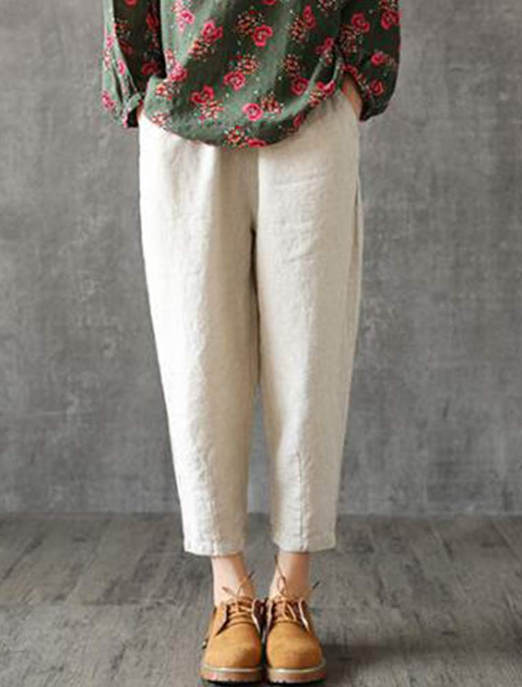LaovanIn Women's Linen Cropped Pants Tapered Ankle Capris Trousers Elastic Waist Large Beige - Image 2